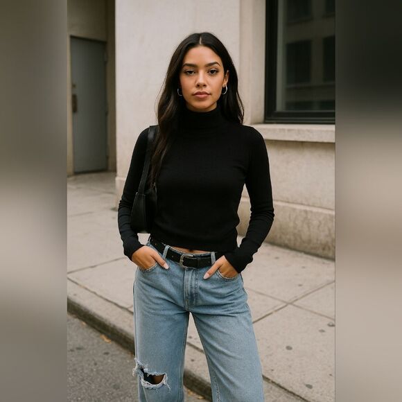 Anthro Aaeda Mock Neck Sweater Rayon Nylon Stretch L/S Base Top Undershirt - Picture 1 of 6